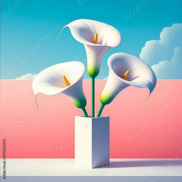Obraz Three white calla lilies in a white vase, with a pink and red background against a blue sky