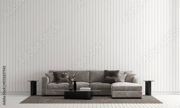 Fototapeta Modern minimal living room with luxury sofa and white wooden tile pattern wall background. 3d render.