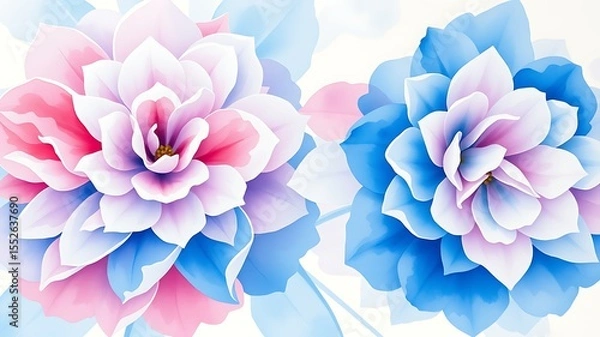 Fototapeta Watercolor floral illustration of pink and blue flowers on white background