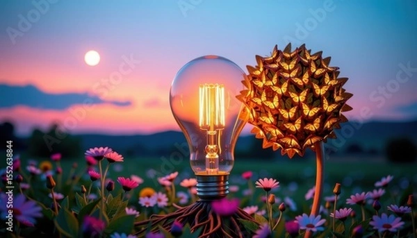Fototapeta Artistic conceptual photograph of a glowing light bulb and a decorative spiked sphere sitting on a bed of pink flowers against a colorful sunset sky with a full moon