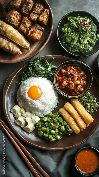 Fototapeta Realistic detailed photo of indonesian foods on plates on a dining table in the dining room, top view, modern minimalist interior, [Photorealistic, long shoot, natural lighting, shallow depth