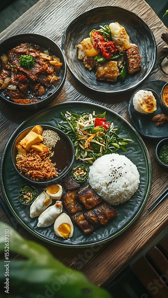 Fototapeta Realistic detailed photo of indonesian foods on plates on a dining table in the dining room, top view, modern minimalist interior, [Photorealistic, long shoot, natural lighting, shallow depth