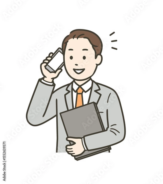 Fototapeta 携帯電話で話しパソコンを抱え仕事をする若い男性の上半身イラスト