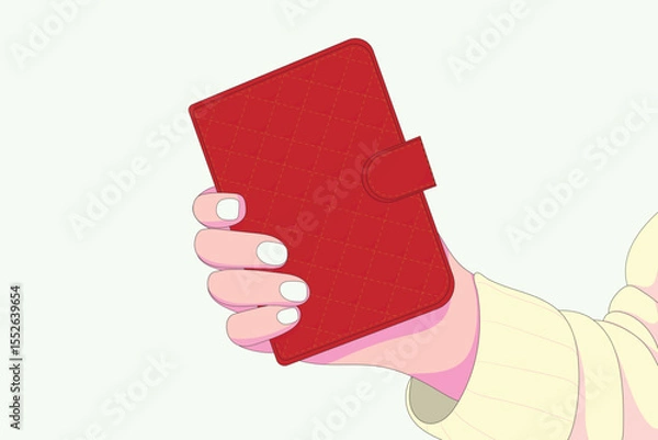 Fototapeta Flat vector of female hand holding red wallet. Simple and stylish element for finance, payment, and shopping concepts. Useful for apps, web UI, infographics, or financial illustrations.