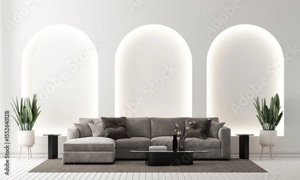 Fototapeta Modern minimal living room with luxury sofa and arch light wall pattern background. 3d render.