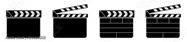 Fototapeta Collection of movie clapper board icons in different styles and positions. Ideal for film, cinema, video editing, media production, and director related graphic elements and UI design.