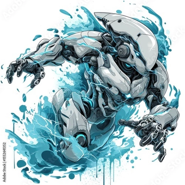 Fototapeta illustration of a sleek white and grey futuristic robot leaping through a vibrant cyan energy surge.