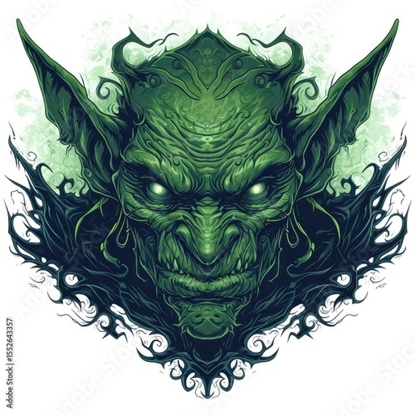 Fototapeta Menacing green goblin with sharp teeth and glowing eyes set against a dark ornate background.
