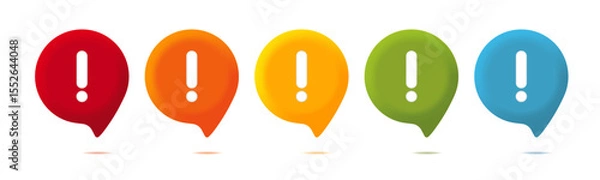 Fototapeta 3D Colorful Exclamation Mark with Conversation Bubble and Notification Icons – Red, Orange, Yellow, Green, Blue Alert Symbols. Vector.