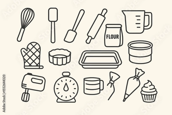 Fototapeta Outline of baking utensils: whisk, rolling pin, cake pan, measuring cup, oven mitt