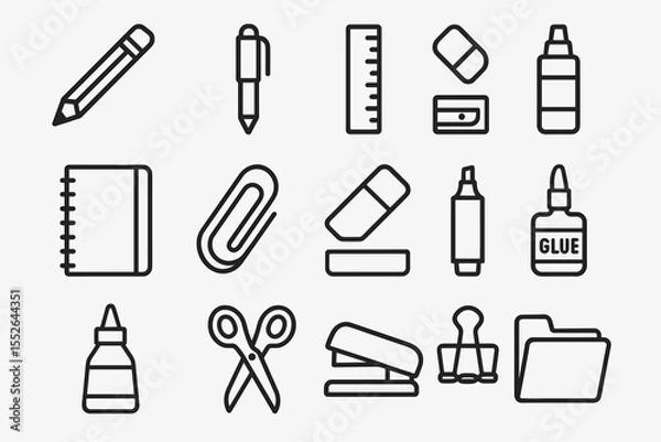 Fototapeta Set of black and white office supply icons: pencil, pen, ruler, eraser, glue, scissors, notebook