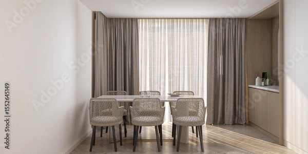 Fototapeta Modern minimal living room and dining room space and white wall pattern background. 3d render.