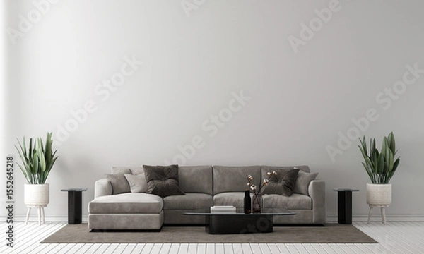 Fototapeta Modern minimal living room with luxury sofa and empty white pattern wall background. 3d render.