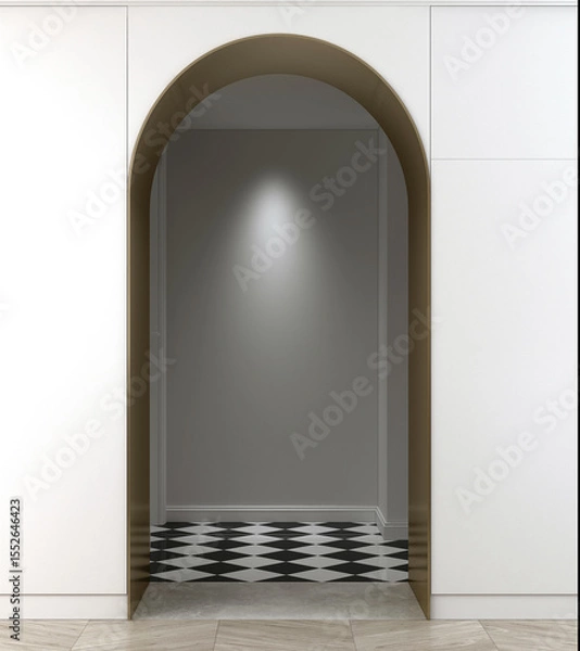 Fototapeta Modern minimal living room with arch coridor space and empty wall pattern background. 3d render.