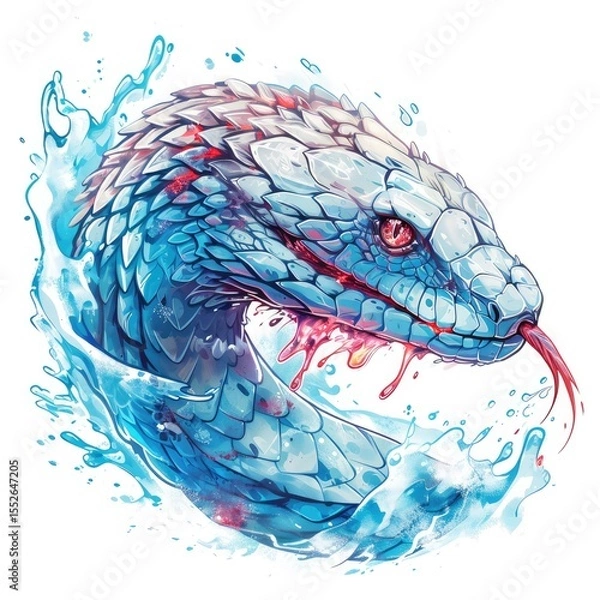 Fototapeta Wounded crystalline snake emerging from blue water isolated on white background