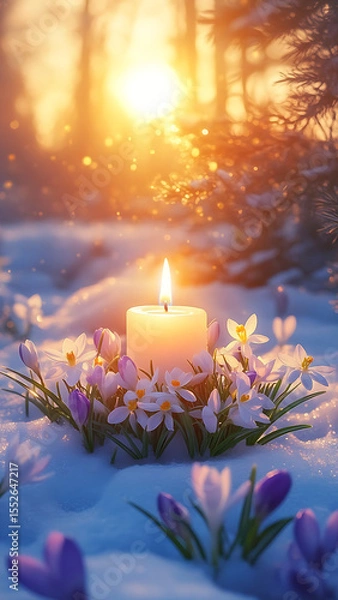 Fototapeta The picture shows a winter landscape, where the gentle rays of the sun begin to break through the remnants of snow. In the center is a bright symbol a burning candle surrounded by the Flower
