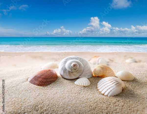 Fototapeta composition with beach water, sand, starfish and seashells. Summer vacations concept.
