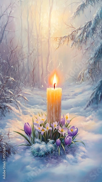 Fototapeta The picture shows a winter landscape, where the gentle rays of the sun begin to break through the remnants of snow. In the center is a bright symbol a burning candle surrounded by the Flower