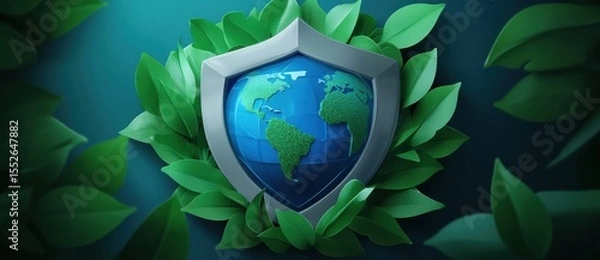 Obraz Shield with Globe and Natural Elements in Blue Green Color Earth protection banner