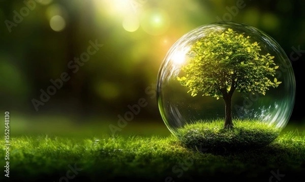 Obraz Single tree in crystal ball on grass with vibrant green Cystal Earth Protect Growth Inside