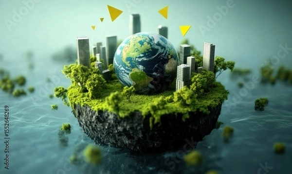 Obraz Small Island with Globe, Trees, Buildings, Skyscrapers, Eco-friendly Theme, Playful Renewable and Sustainable Energy Concept, Environmental