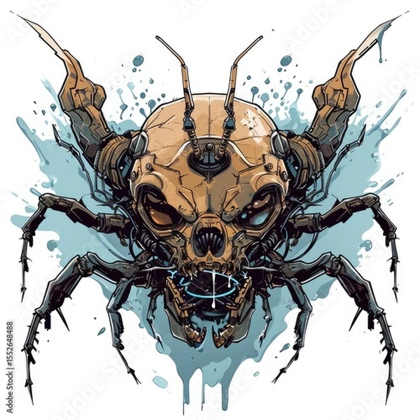 Fototapeta Biomechanical insect skull with robotic limbs set against a blue paint splatter background.