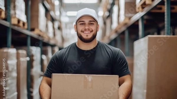 Obraz Smiling warehouse worker in black t-shirt holding box surrounded by Enthusiastic Shipping and Receiving Handling