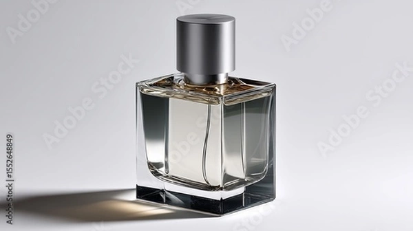 Fototapeta Elegant square perfume bottle with a silver cap on a minimalist white background