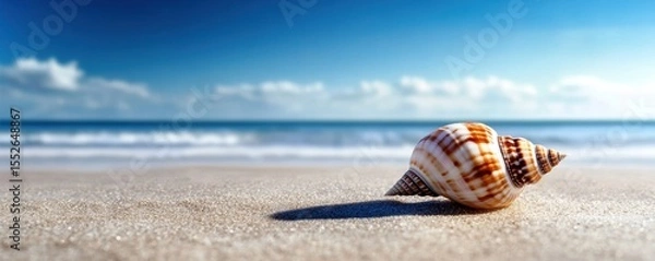 Obraz Spiral Patterned Seashell on Sandy Beach with Ocean, Sky, and Sea shell tropical