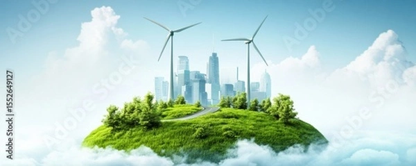 Obraz Sustainable Island Cityscape: 3D Render of Eco-Friendly Urban Landscape with Renewable and Energy Concept, Environmental