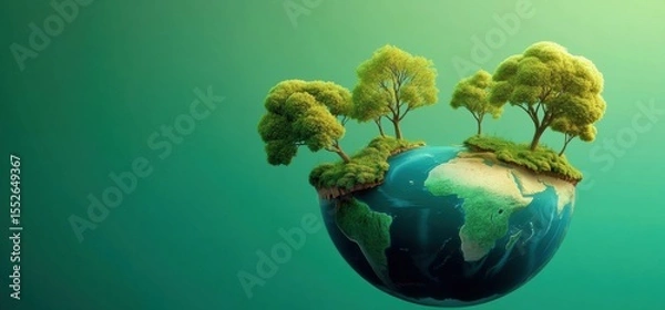 Obraz Tranquil 3D Globe with Green Background, Island, Trees, Bushes, Mountains, world background Copy space