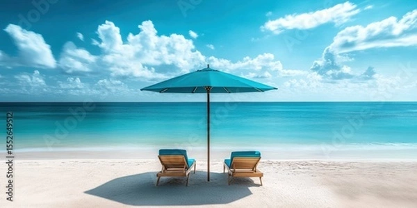 Obraz Tranquil beach scene with blue umbrella, lounge chairs, serene sky, umbrella chairs