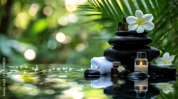 Obraz Tranquil spa setting with black pebbles, frangipani flowers, essential oils, Serene and Wellness Retreat