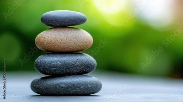 Obraz Tranquil Pyramid of Five Pebbles in Garden Setting, Varied Sizes Work Life Balance Initiatives. Emphasizing