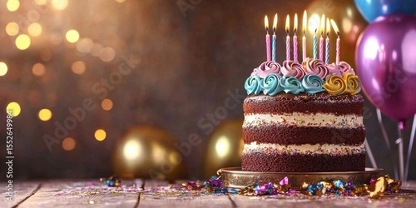Obraz Two-tiered birthday cake with colorful balloons on wooden table, lit Happy candles