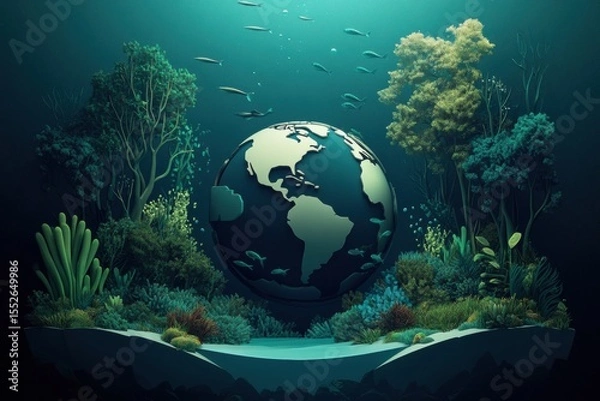 Obraz Underwater Illustration: Globe Surrounded by Plants, Trees, and Fish in World environment day with sea marine