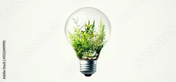 Obraz Unique Round Light Bulb with Greenery Plants Inside on White Eco friendly lightbulb