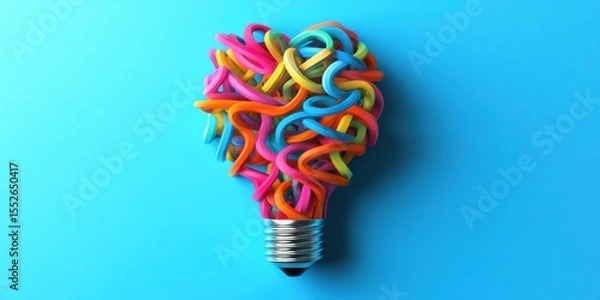 Obraz Vibrant 3D Heart-Shaped Light Bulb with Colorful Swirls on Blue Lightbulb as brain shape background