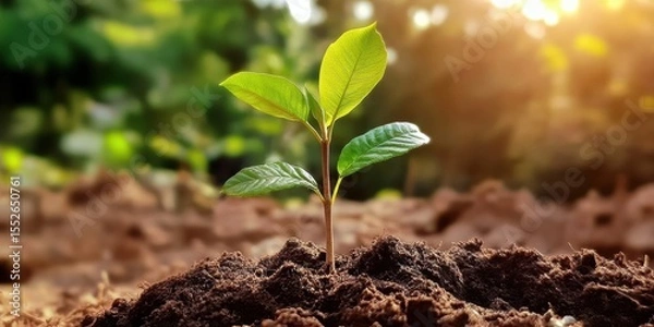 Obraz Vibrant green plant with five leaves thriving in freshly dug Tree growth background, World environment day