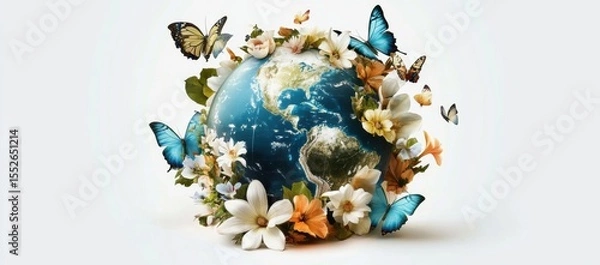 Obraz Whimsical Globe with Colorful Flowers and Butterflies Illustration on White Earth day background