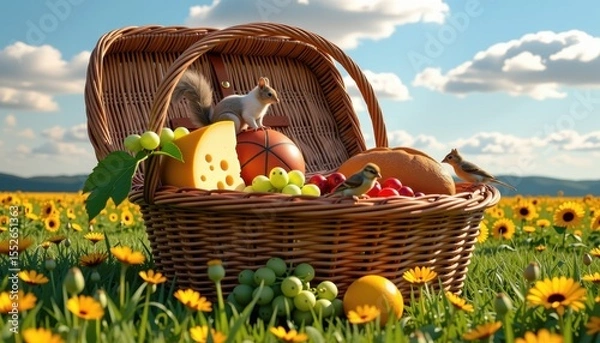 Fototapeta Vibrant picnic basket filled with fresh fruits cheese and snacks in a sunny sunflower field under a bright blue sky with fluffy clouds and rolling green hills