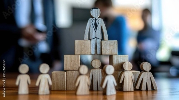 Obraz Wooden Pyramid of Diverse Figures in Office Environment Conveys Collaboration Human resources management. Talent acquisition strategies