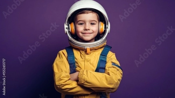 Obraz Young boy in astronaut suit standing against purple backdrop, smiling Future Thinking