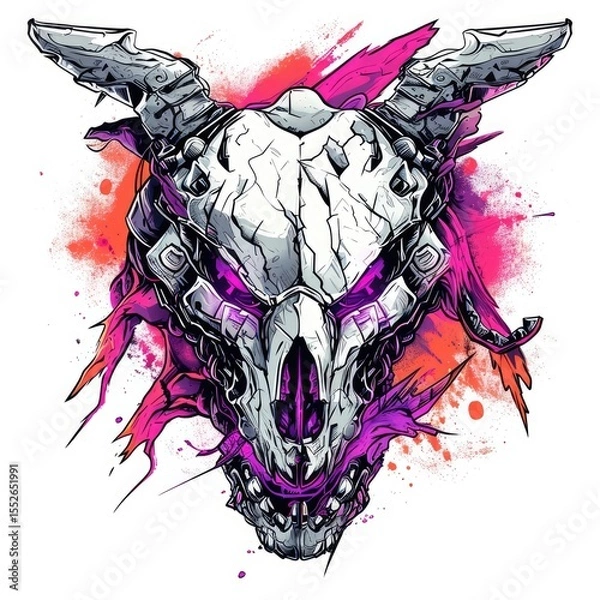 Fototapeta Stylized illustration of cybernetic skull with horns set against a vibrant pink and orange abstract background.