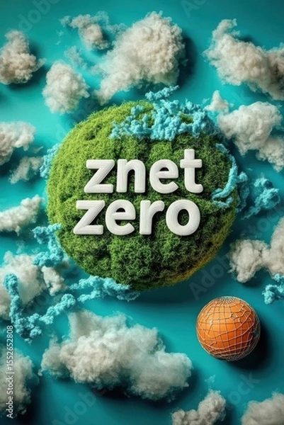 Obraz Zero Waste Concept: Globe with ZNet on Blue Background Achieving Net Zero. Strategies