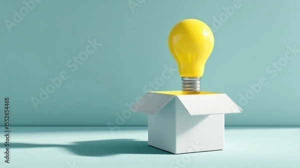 Obraz Innovative ideas within reach.  A bright yellow lightbulb emerges from an open box, symbolizing creativity and opportunity