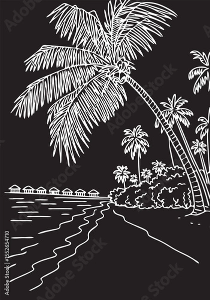 Fototapeta maldives landscape vector sketch on black background chalk. ocean shore vector sketch. resort area with houses on the ocean shore vector chalk drawing on black background