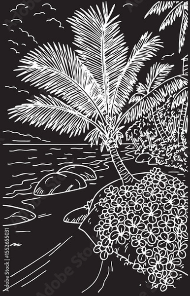 Fototapeta maldives landscape vector sketch on black background chalk. ocean shore vector sketch. tropical landscape vector sketch