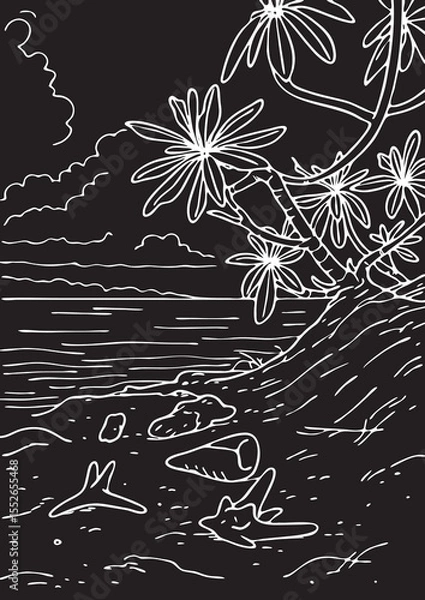 Fototapeta maldives landscape vector sketch on black background chalk. ocean shore vector sketch. tropical landscape vector sketch