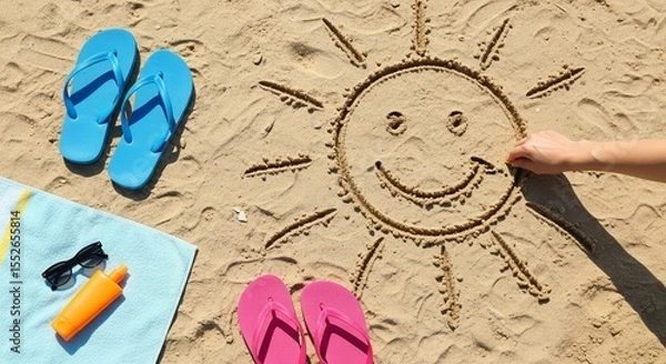 Fototapeta Hand drawing smiling sun in beach sand with flip flops and towel